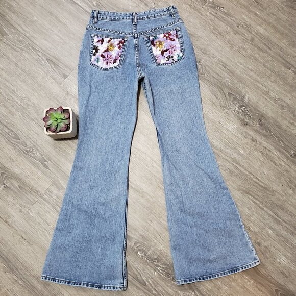 Vintage * Bell Bottom Flare Jeans * Sequins Sz S - Picture 3 of 9